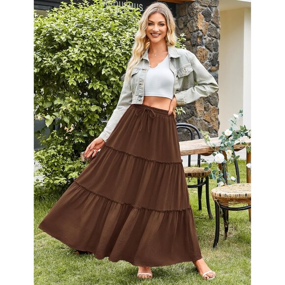 Elegant Women's Long Maxi Skirt, High Waist Pleated Ruffle & Practical Pockets - Picture 2 of 6